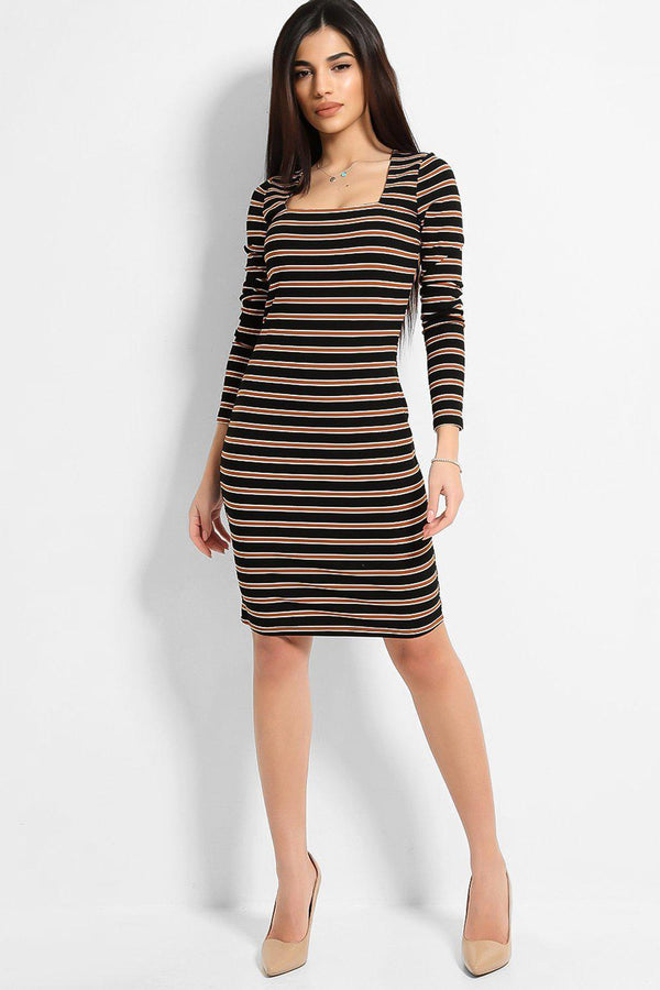 Black Square Neckline Stripy Dress-SinglePrice