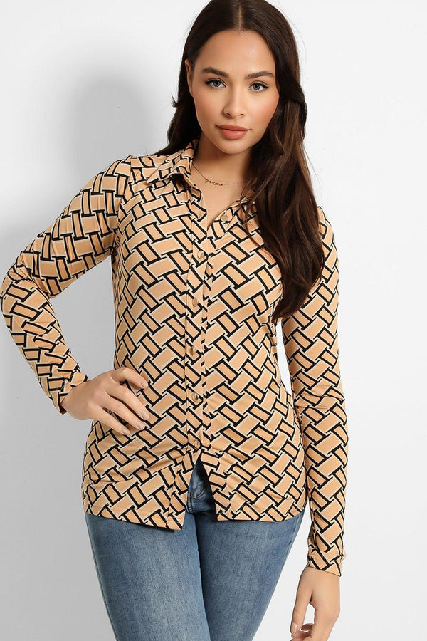 Geometric Print Buttoned Front Slinky Shirt-SinglePrice