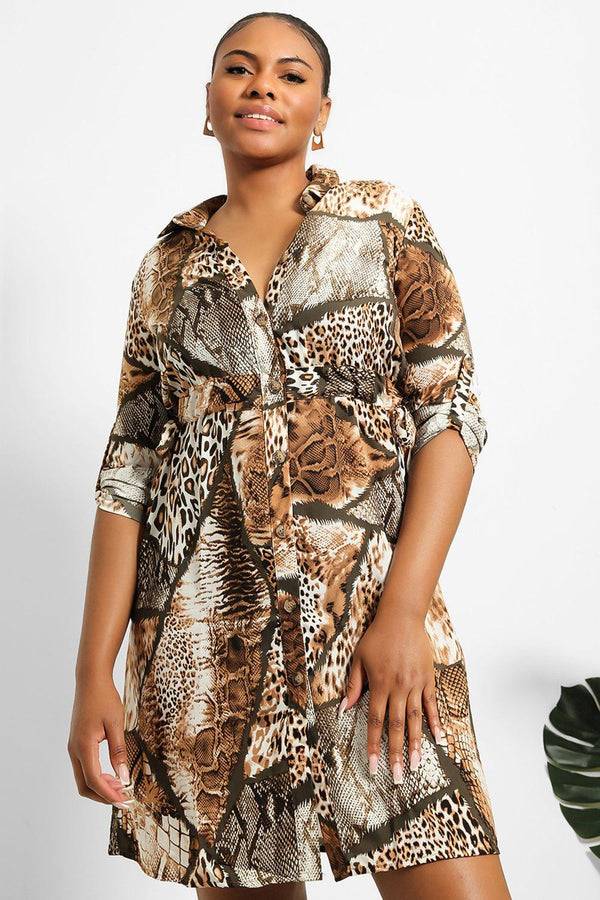Mixed Animal Print Side Ties Shirt Dress-SinglePrice