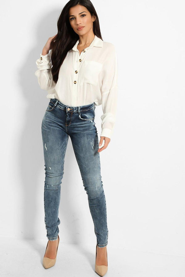 Blue Bleached And Distressed Low Rise Jeans-SinglePrice