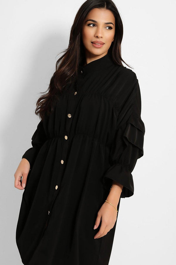 Frilled Sleeves Gold Buttons Satin Shirt Dress-SinglePrice