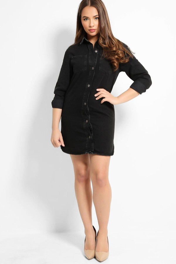Black Fine Denim Mini Denim Shirt Dress - SinglePrice