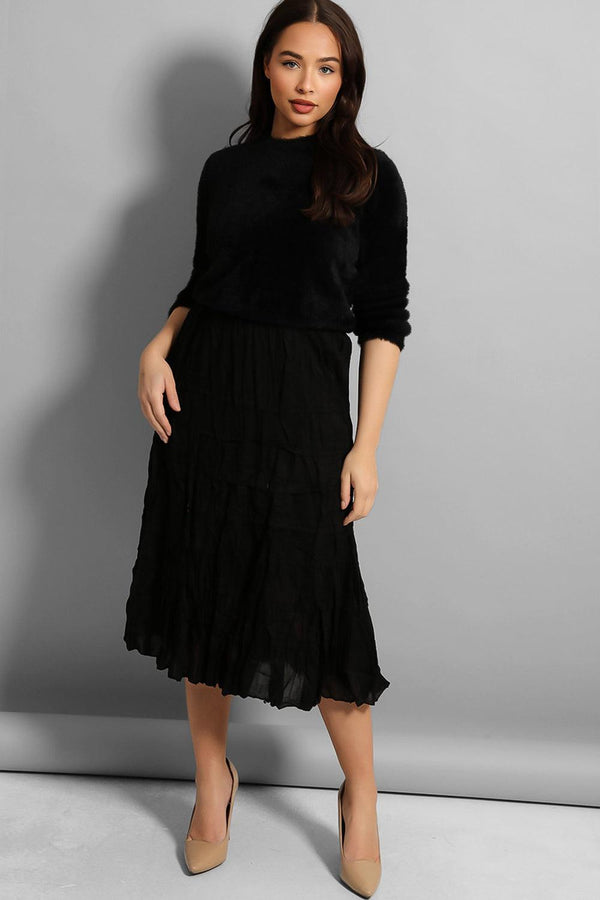 Black Wrinkled Cotton Midi Skirt-SinglePrice