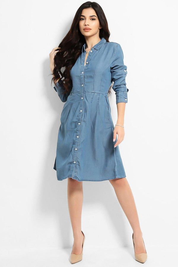 Light Blue Contrast Buttons Thin Denim Shirt Dress-SinglePrice