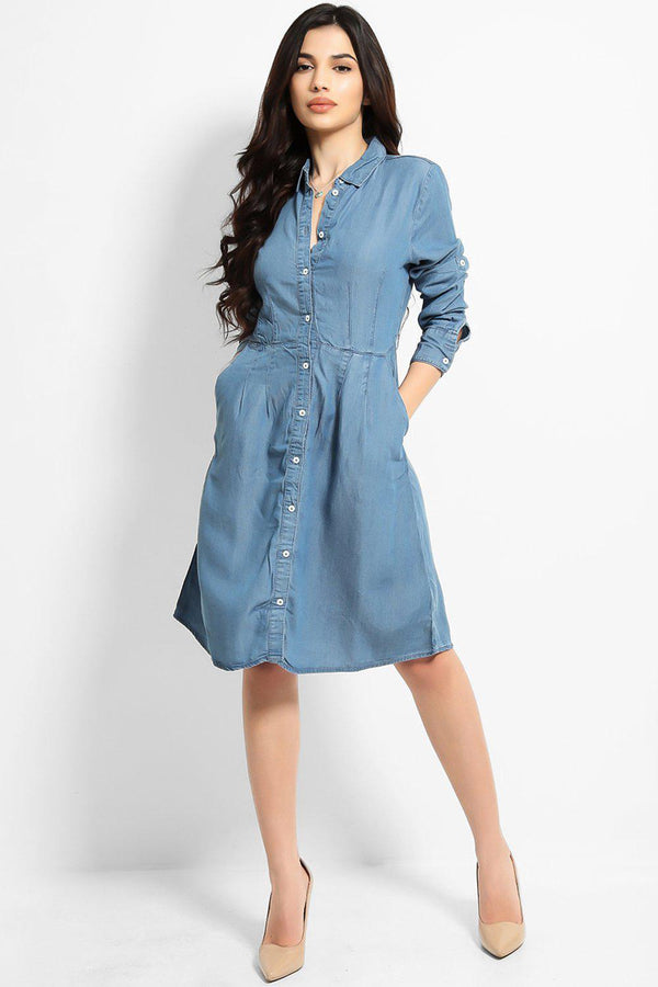 Light Blue Contrast Buttons Thin Denim Shirt Dress-SinglePrice
