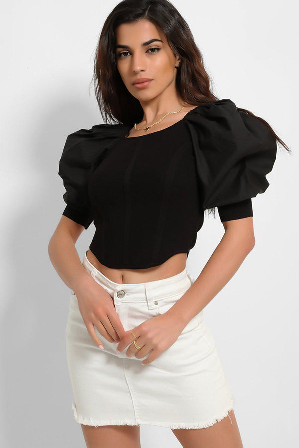Black Puff Sleeves Faux Corset Top-SinglePrice