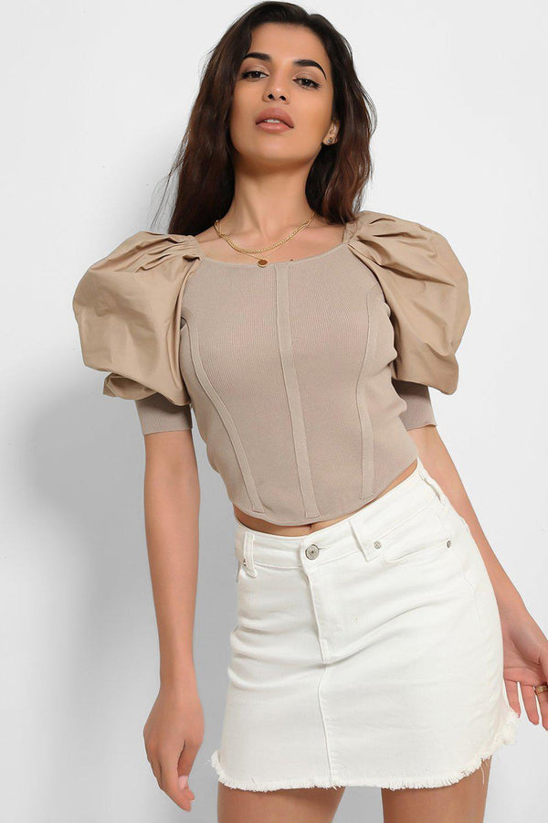 Camel Puff Sleeves Faux Corset Top-SinglePrice