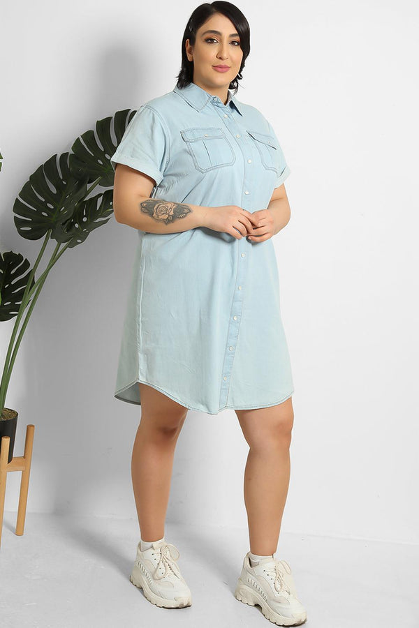Popper Buttoned Front Denim Non-Belted Dress-SinglePrice