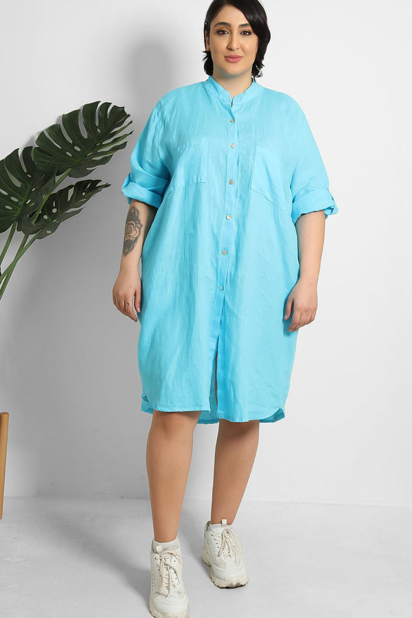 Grandad Collar 100% Linen Shirt Dress-SinglePrice