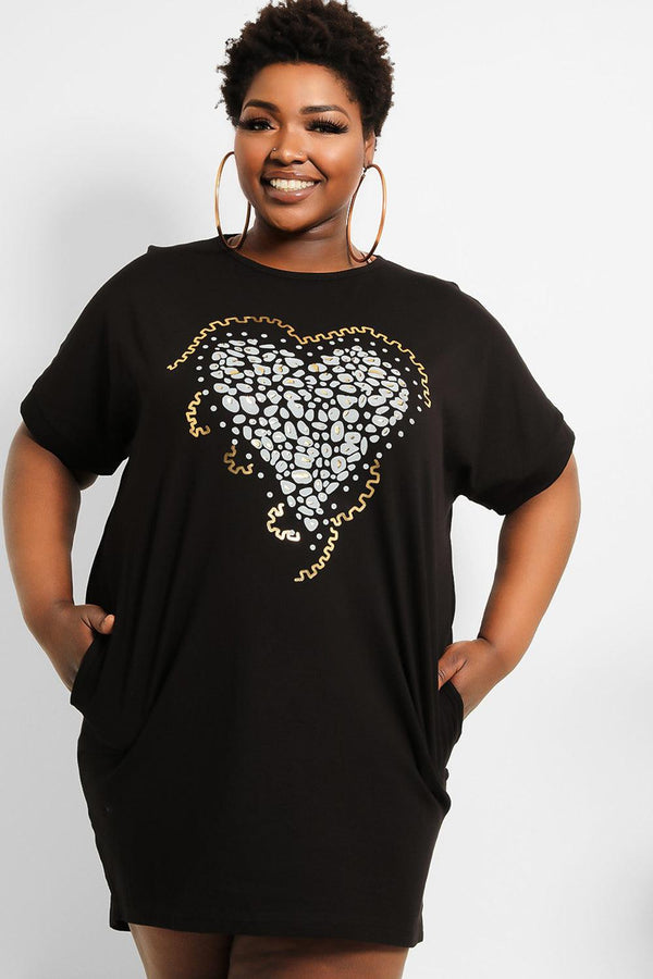 Hot Foil Leopard Heart Print T-shirt Dress-SinglePrice