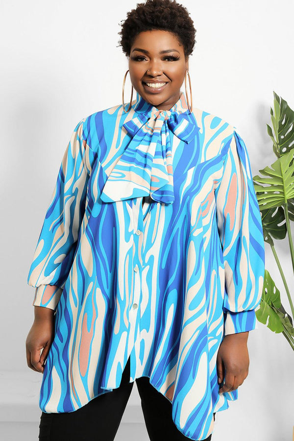 Colourful Abstract Print Neck Tie Chiffon Blouse-SinglePrice