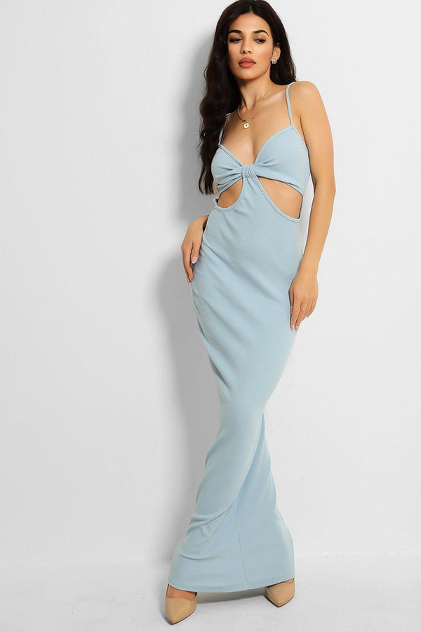 Blue Ribbed Cut Out Details Maxi Dress - SinglePrice