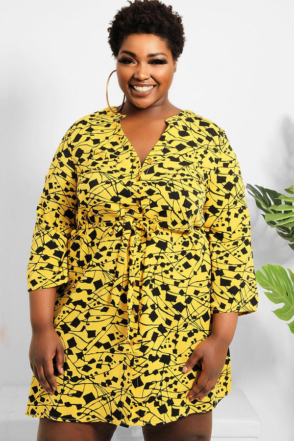 Black Yellow Abstract Print Shirt Dress-SinglePrice